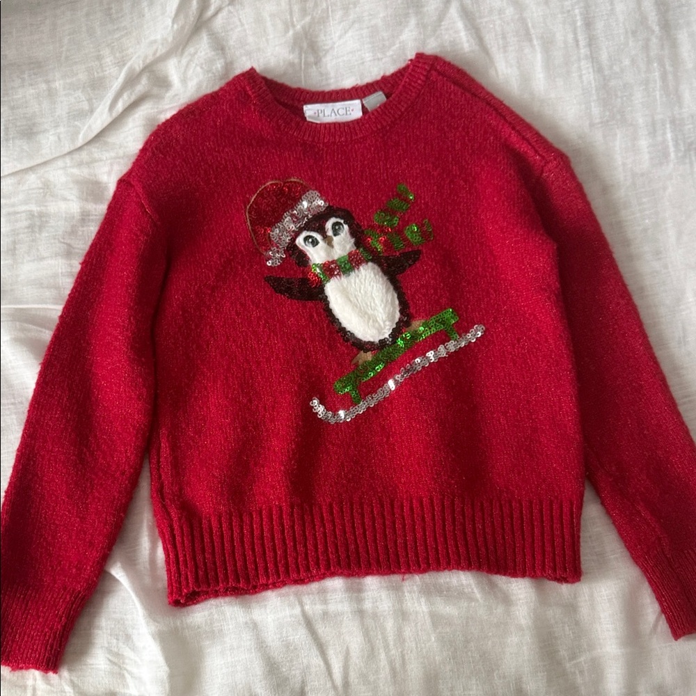 The Children's Place Red Penguin Sequin & Fuzzy Applique Sweater